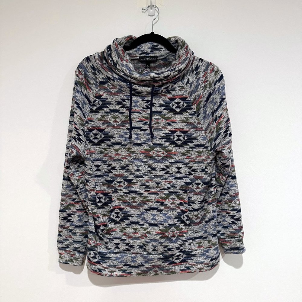 Derek Heart, Multi-Color Geometric Gray Cowl Turtleneck Sweatshirt, Size Large